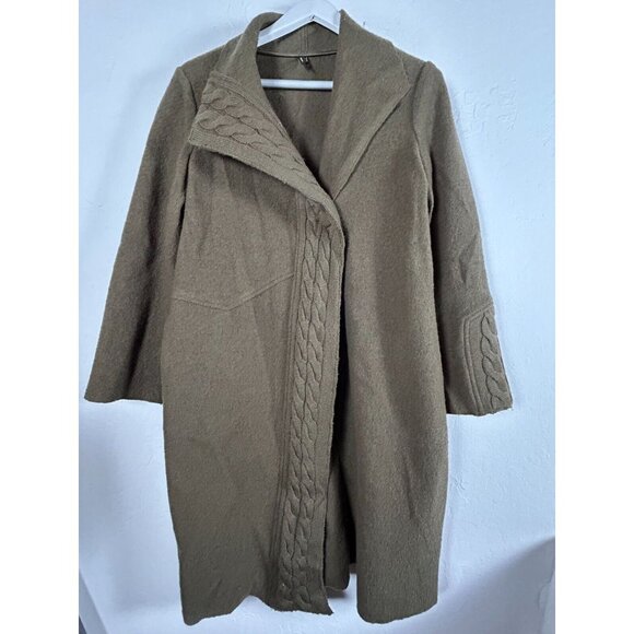 Stella Carakasi Wool Long Coat Jacket Womens Size Small Brown Cable Knit Accents